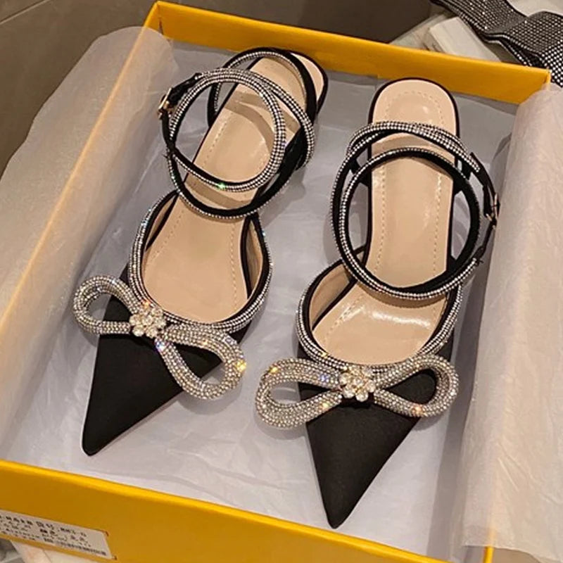 new fashion glitter rhinestones women pumps crystal bowknot silk pointed toe buckle strap thin high heels party prom shoes