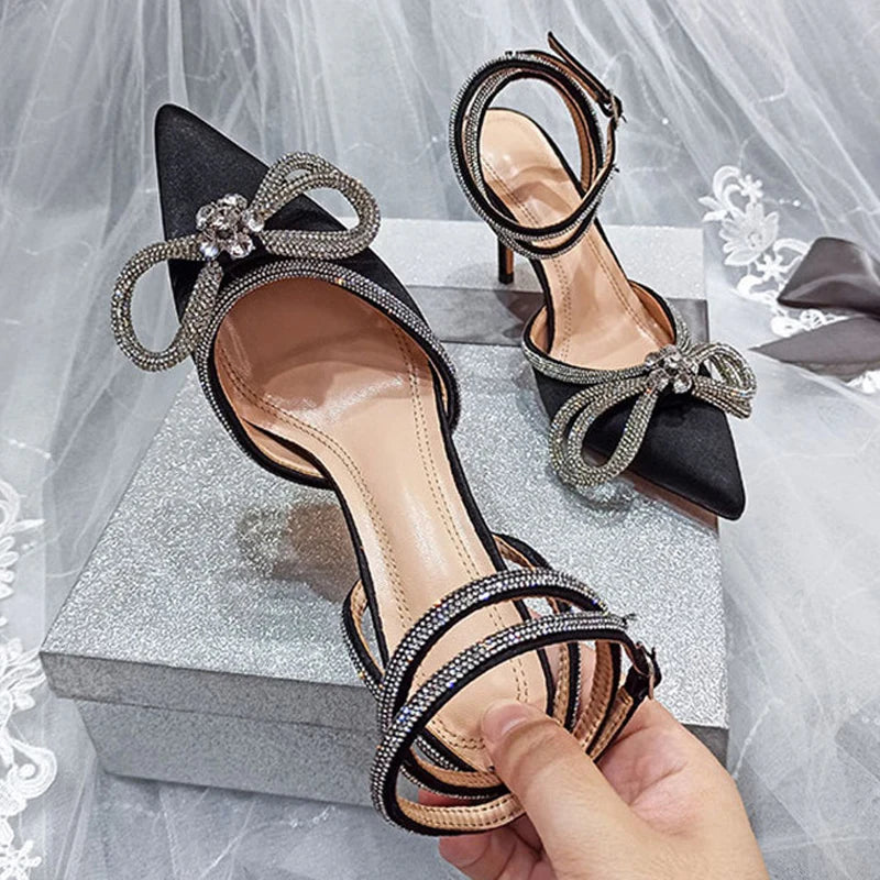 new fashion glitter rhinestones women pumps crystal bowknot silk pointed toe buckle strap thin high heels party prom shoes