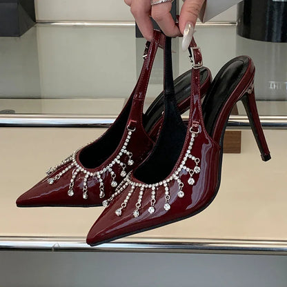 Fashion Rhinestones Chain Women Stiletto Heels Shoes Luxury Female Footwear Pointed Toe Ladies Super High Heels Pumps Shoes