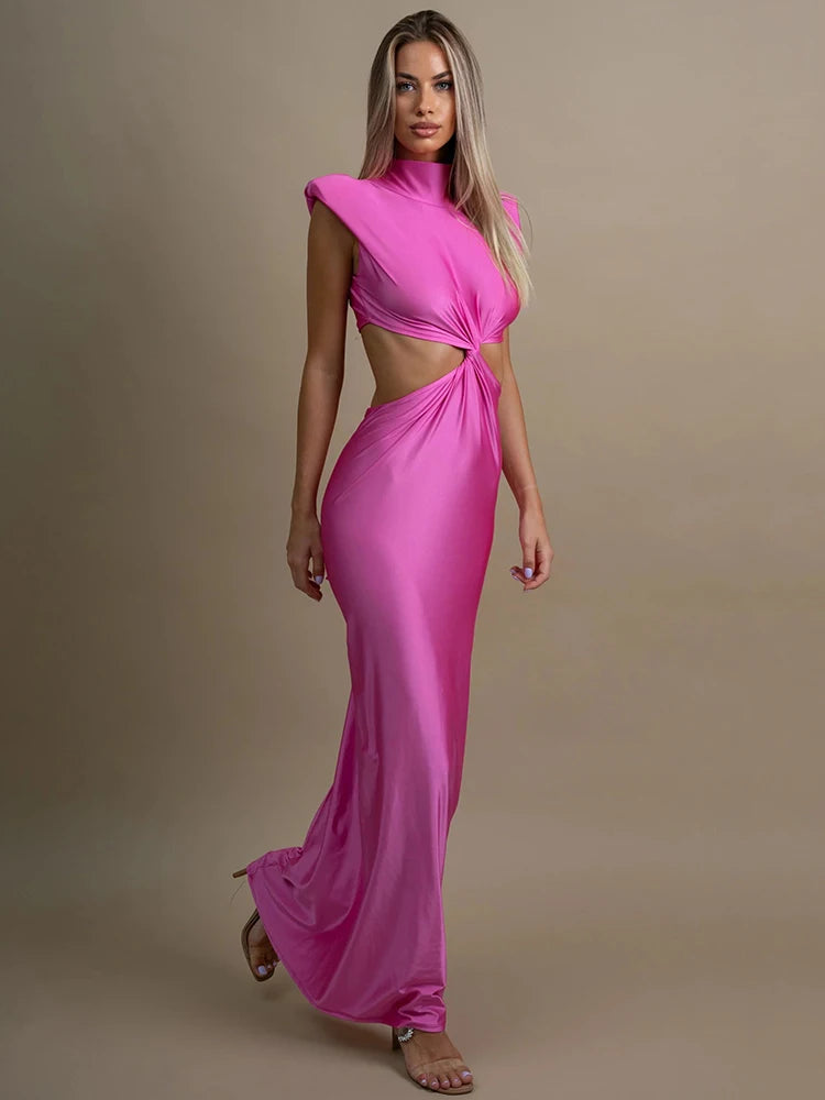 mozision hollow out turtleneck sexy maxi dress for women fashion solid sleeveless bodycon tank dresses femme club party dress