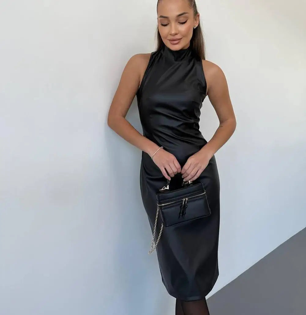 vintage midi leather dress women slim turtleneck sleeveless hip package female dresses spring lady elegant party vestidos