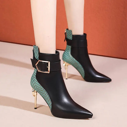 Winter Black Soft Leather Women's Boots Retro Belt Buckle Pointed Toe  Boots Side Zipper High Heels Shoes for Women Party