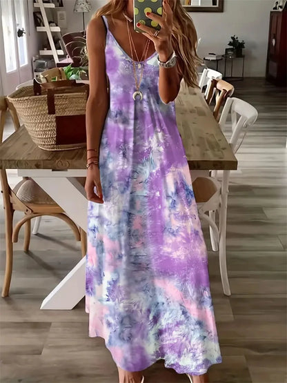 New Summer Sleeveless Halter Dresses Women Sexy Spaghetti Straps Tie-Dye Printed Dresses