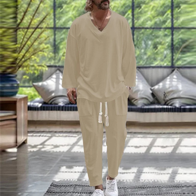 men's v-neck casual loose long sleeve shirt and pants set solid color spring/fall trend beach suit comfortable high-end cotton blend