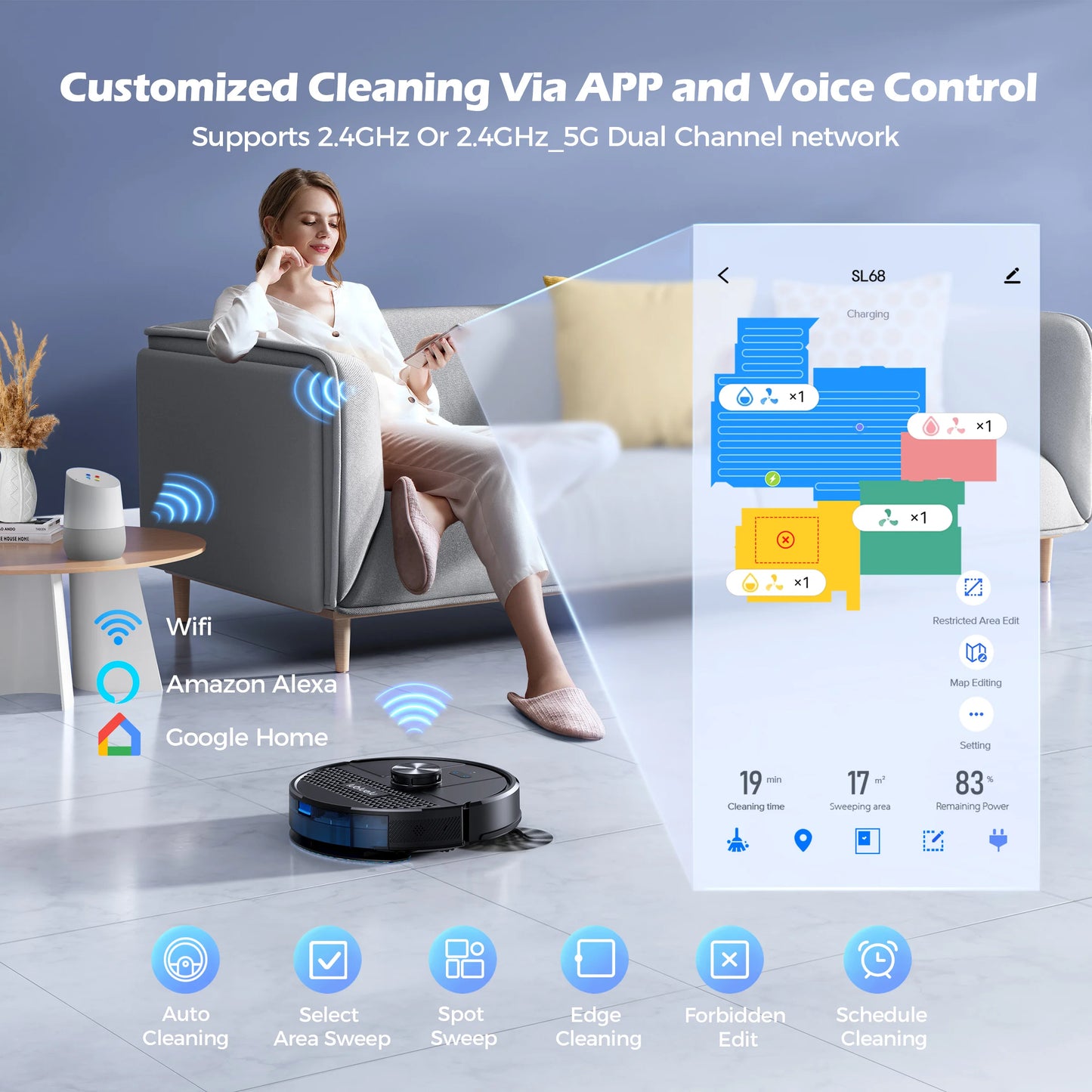 lubluelu sl68 robotic vacuum cleaner, 4500pa suction power, anti-siphon, 5 maps, self-charging, 24 no-go zones,110v-240v power