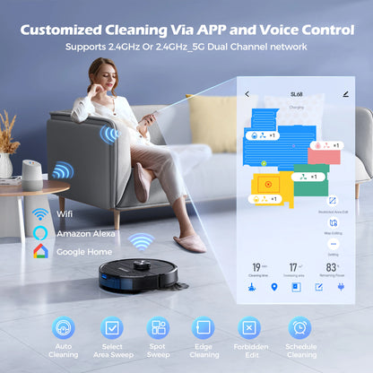Lubluelu SL68 Robotic Vacuum Cleaner, 4500Pa Suction Power, Anti-Siphon, 5 Maps, Self-Charging, 24 No-Go Zones,110V-240V Power