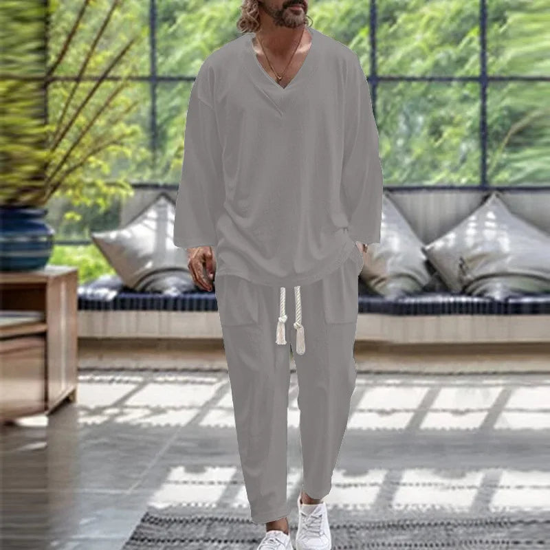men's v-neck casual loose long sleeve shirt and pants set solid color spring/fall trend beach suit comfortable high-end cotton blend