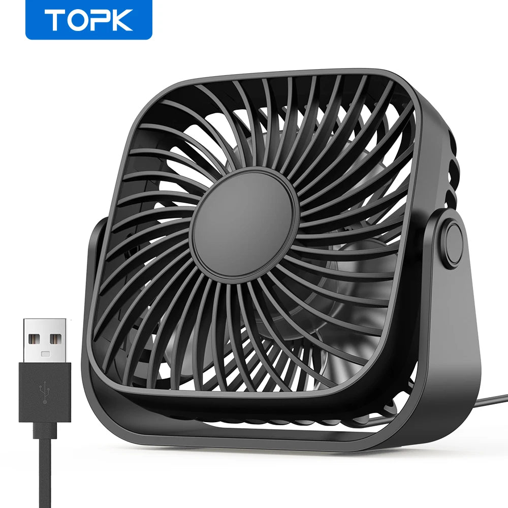 topk 4inch usb mini portable fan for camping,3 speeds quiet desk table personal fan,360°adjustment standing fans for room home