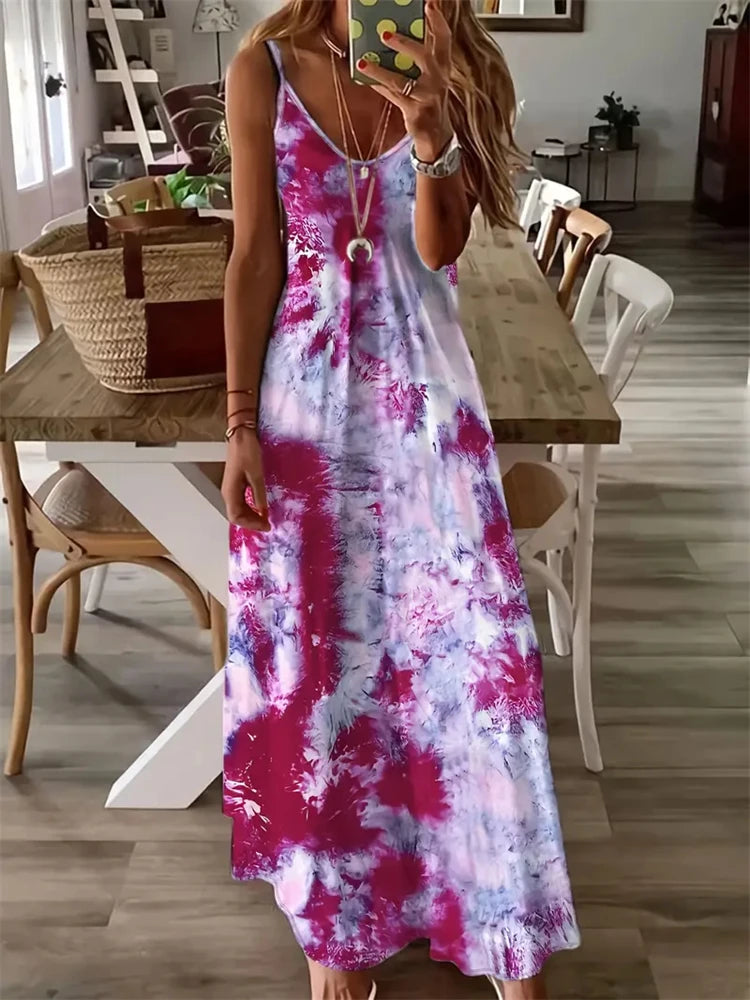 new summer sleeveless halter dresses women sexy spaghetti straps tie-dye printed dresses