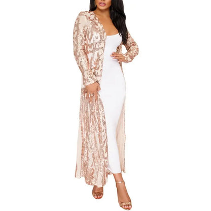 Sexy Women Long Sleeve Women's Long Coat Sequin Perspective Maxi Coat Gown Cardigan Vintage Evening Party Open Blouse кардиган ж