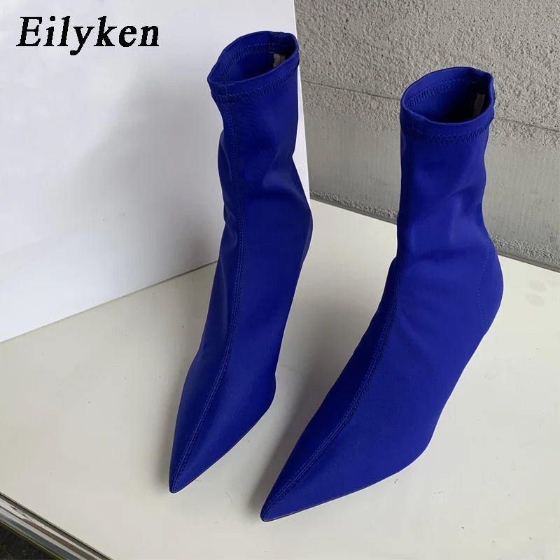 eilyken  new spring autumn stretch fabric women ankle boots sexy pointed toe high heels fashion female socks pumps shoes