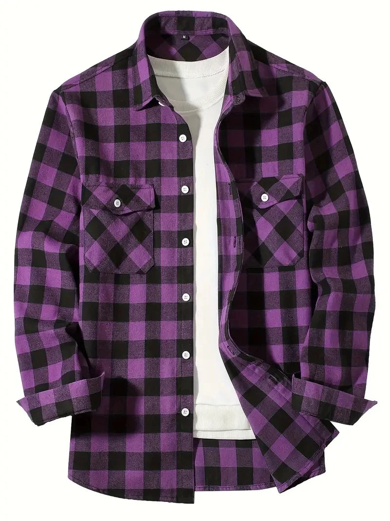 men's long sleeve shirt spring autumn fashion red plaid business casual fit flannel no iron turn-down collar polyester-rayon