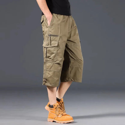 Men's Summer Cargo Shorts Loose Casual Elastic Waist below Knee Outdoor Tactical Capri Pants with Pockets