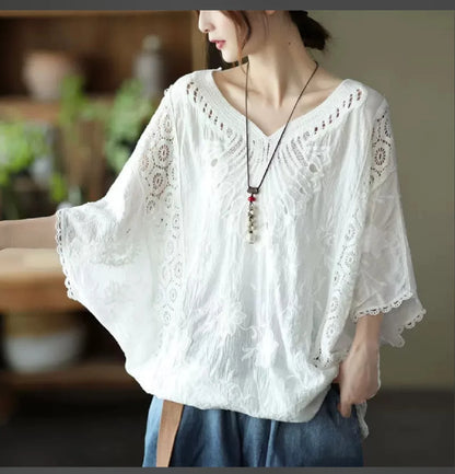 Summer Fashionable Cotton Cut Out Hook Pattern Bat Sleeve Top Loose Large Size Short-Sleeved Elegant Artistic Blouse T-Shirt for Women