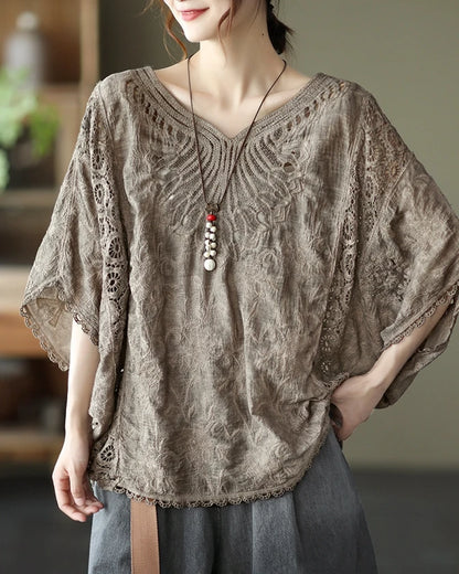 Summer Fashionable Cotton Cut Out Hook Pattern Bat Sleeve Top Loose Large Size Short-Sleeved Elegant Artistic Blouse T-Shirt for Women