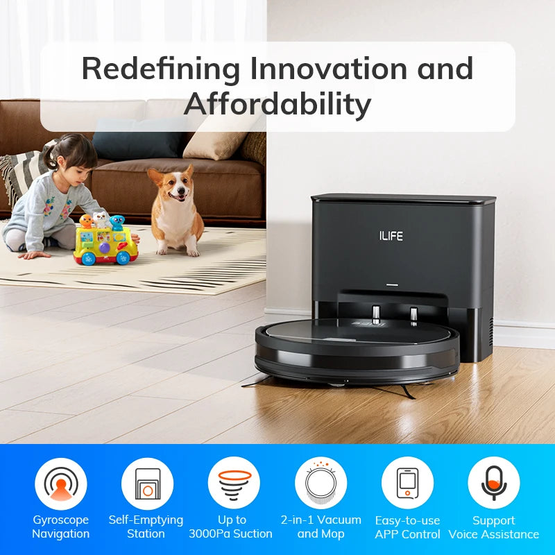 ilife v9/v9pro robot vacuum, self-emptying, 3000pa strong suction, gyro navigation, schedule, app/alexa control, for pet hair
