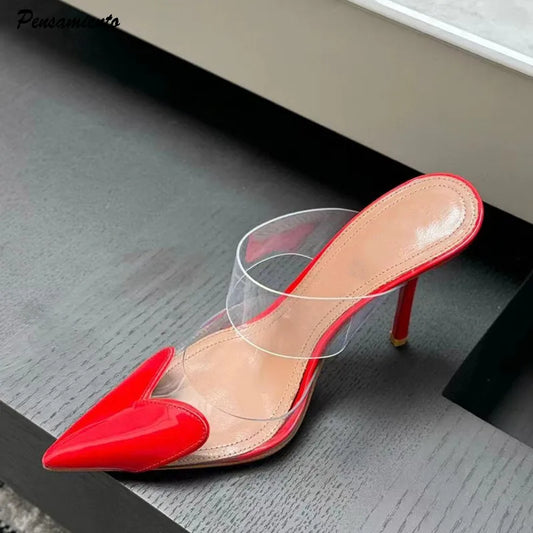 Elegant Pointed Toe Transparent PVC Heart High Heels Mules Slipper Shoes Women  Black White Red Shoes Luxury Designer Pumps