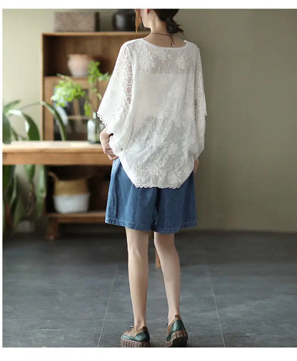 Summer Fashionable Cotton Cut Out Hook Pattern Bat Sleeve Top Loose Large Size Short-Sleeved Elegant Artistic Blouse T-Shirt for Women