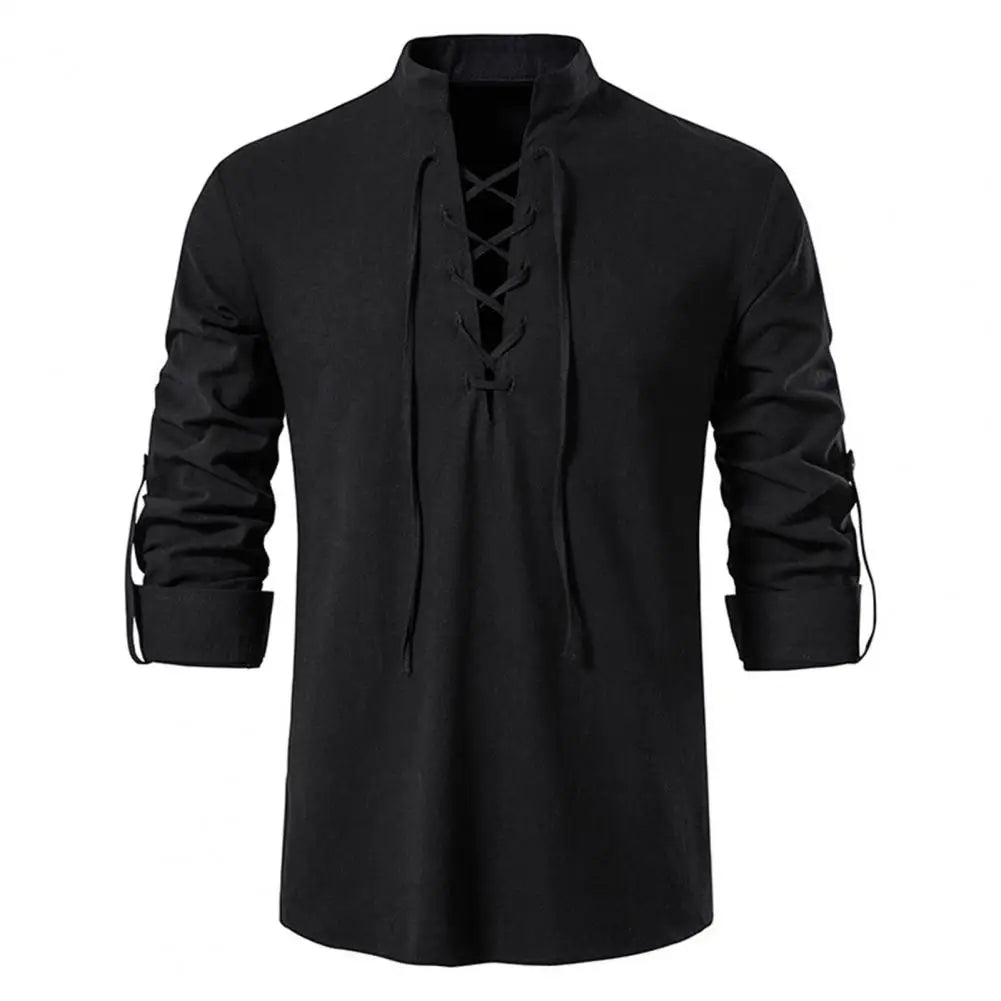 vintage lace up cotton linen men shirt tops long sleeve vintage slanted placket tee shirt casual t-shirt medieval viking top