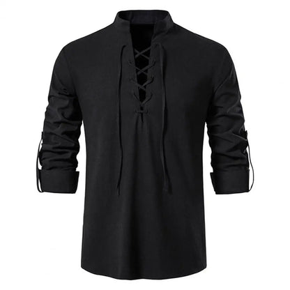 Vintage Lace Up Cotton Linen Men Shirt Tops Long Sleeve Vintage Slanted Placket Tee Shirt Casual T-shirt Medieval Viking top