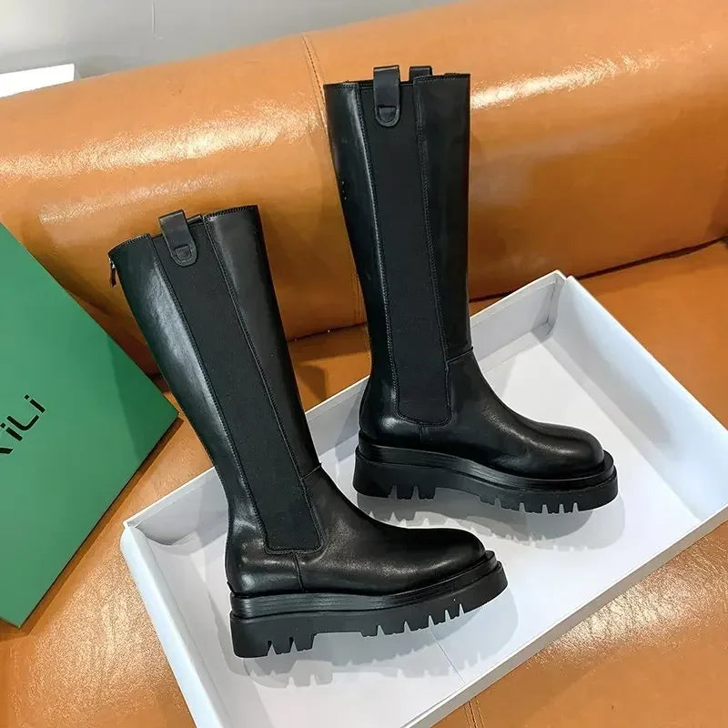 platform women knight long boots fashion warm fur shoes autumn winter square heels ladies knee high booties
