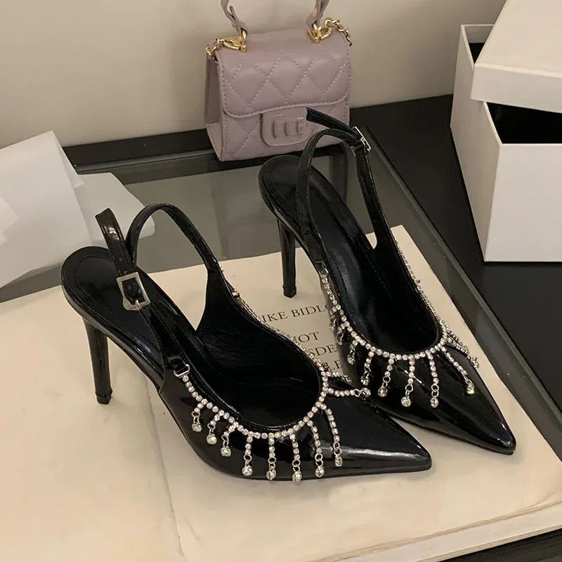 fashion rhinestones chain women stiletto heels shoes luxury female footwear pointed toe ladies super high heels pumps shoes