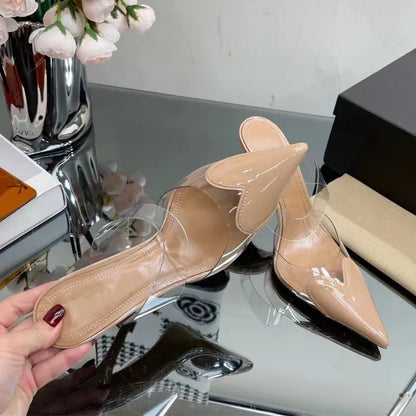 Elegant Pointed Toe Transparent PVC Heart High Heels Mules Slipper Shoes Women  Black White Red Shoes Luxury Designer Pumps