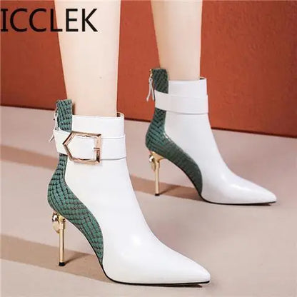 Winter Black Soft Leather Women's Boots Retro Belt Buckle Pointed Toe  Boots Side Zipper High Heels Shoes for Women Party