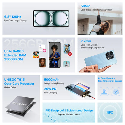 [World Premiere]UMIDIGI Note 100 Android 14 Smartphone 6.8” HD+ 120Hz 50MP Camera 8GB 256GB/6GB 128GB 20W 5000mAh Dual SIM NFC