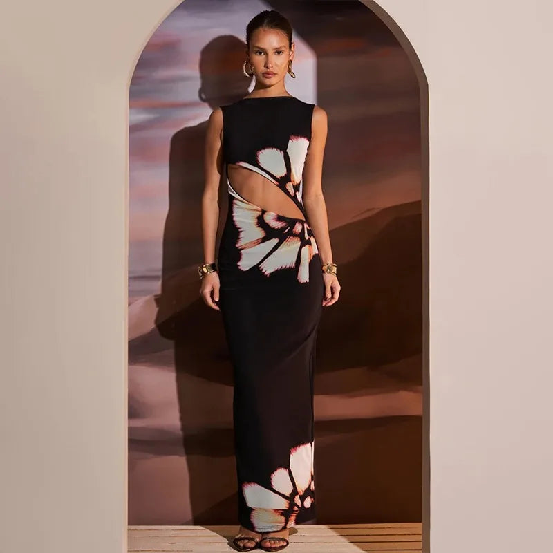 black dresses women summer new o-neck sleeveless sexy clubwear hollow out dress fashion print casual elegant slim female dresses