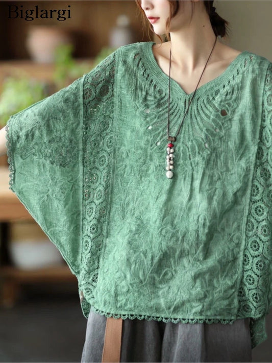 Oversized Summer V-Neck T-Shirts Women Lace Embroidery Hollow Out Patchwork Fashion Ladies Blouses Casual Loose Woman T-Shirts