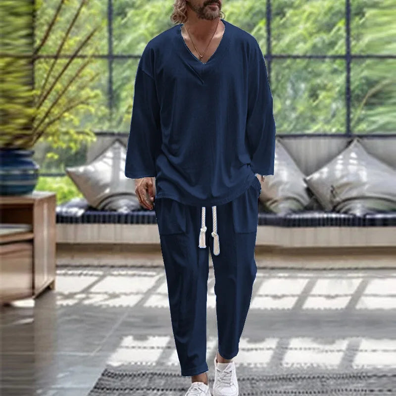 men's v-neck casual loose long sleeve shirt and pants set solid color spring/fall trend beach suit comfortable high-end cotton blend
