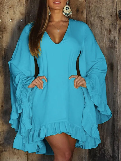 New V Neck For Women's Solid Color Dresses Spring Fashion Flared Long Sleeve Peplum Elegant Female Holiday Party Mini Dresses