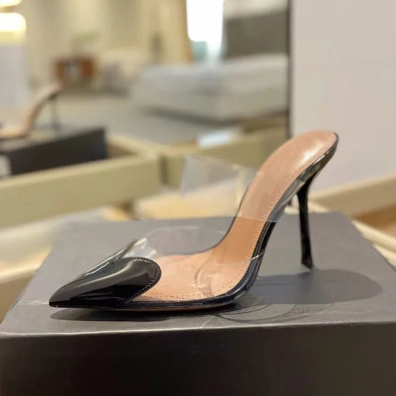 elegant pointed toe transparent pvc heart high heels mules slipper shoes women  black white red shoes luxury designer pumps