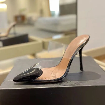 Elegant Pointed Toe Transparent PVC Heart High Heels Mules Slipper Shoes Women  Black White Red Shoes Luxury Designer Pumps