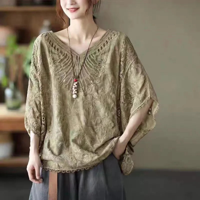summer fashionable cotton cut out hook pattern bat sleeve top loose large size short-sleeved elegant artistic blouse t-shirt for women