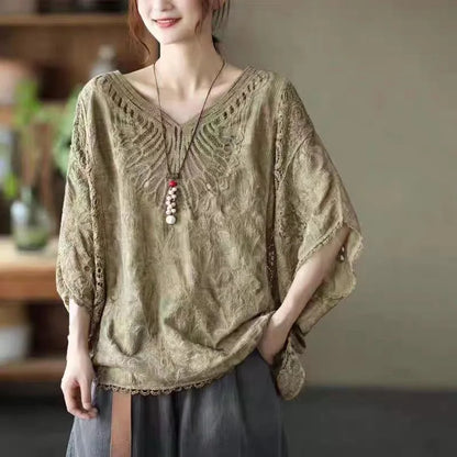 Summer Fashionable Cotton Cut Out Hook Pattern Bat Sleeve Top Loose Large Size Short-Sleeved Elegant Artistic Blouse T-Shirt for Women