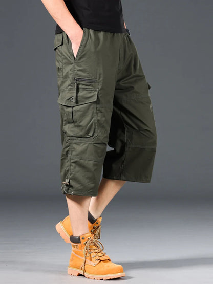 Men's Summer Cargo Shorts Loose Casual Elastic Waist below Knee Outdoor Tactical Capri Pants with Pockets