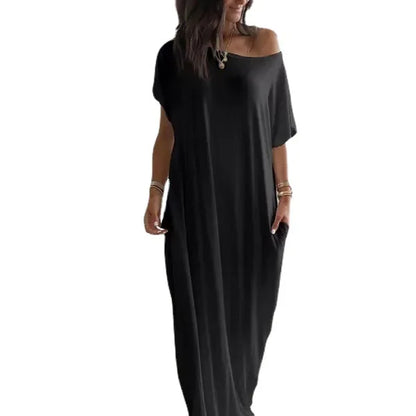 Summer Women's Loose Solid  Simple Daily Short Sleeves With Pockets Inclined Shoulder   short sleeved long casual dress
