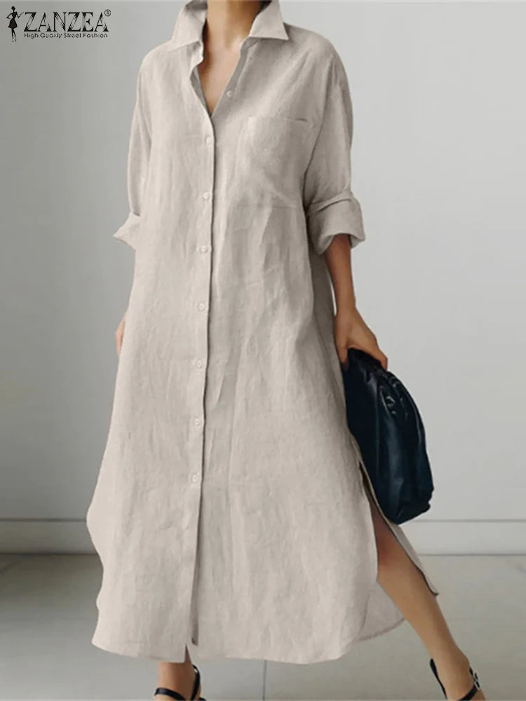 zanzea women dress long sleeve solid shirt sundress lapel neck buttons vestidos fashion loose maxi dresses vintage robe femme