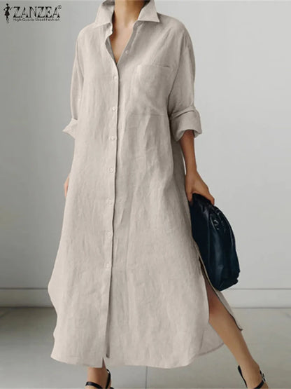 ZANZEA Women Dress Long Sleeve Solid Shirt Sundress Lapel Neck Buttons Vestidos Fashion Loose Maxi Dresses Vintage Robe Femme