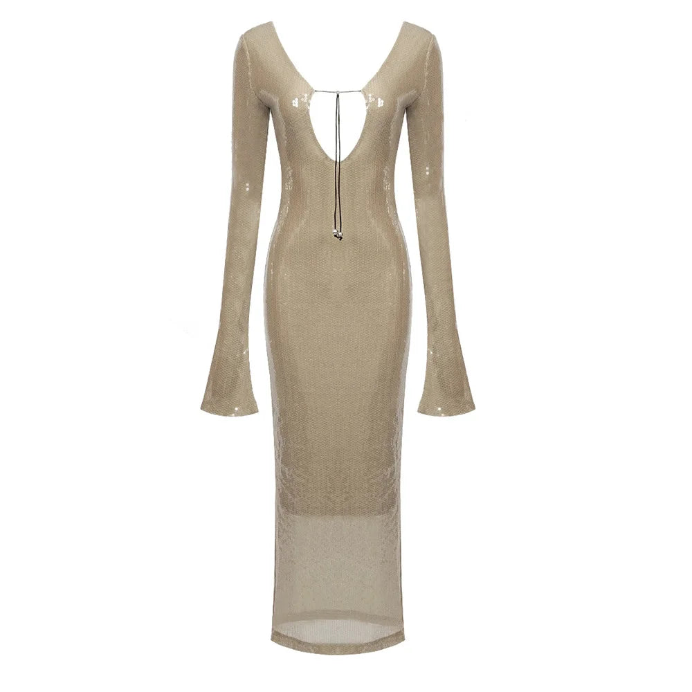 evening dress women elegant sequins deep v long sleeves midi dress sexy luxury backless lace up ankle length bandage party gown