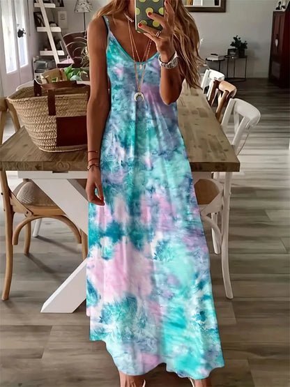 New Summer Sleeveless Halter Dresses Women Sexy Spaghetti Straps Tie-Dye Printed Dresses