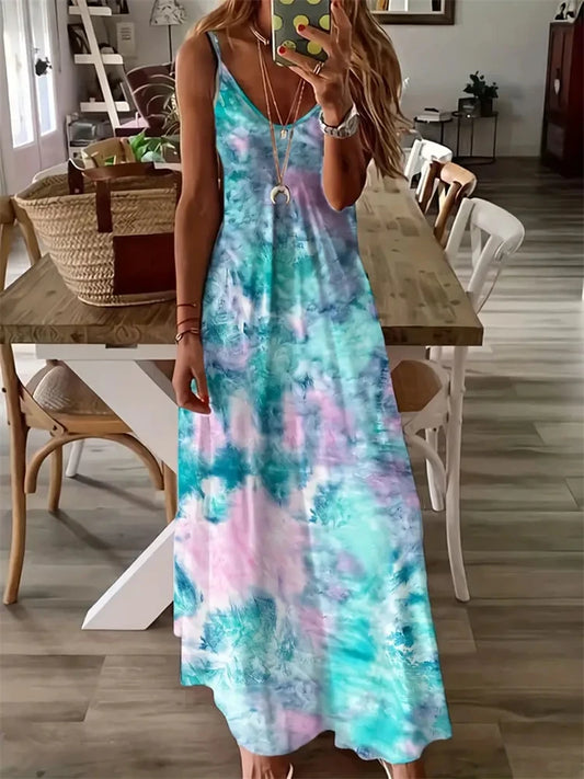 New Summer Sleeveless Halter Dresses Women Sexy Spaghetti Straps Tie-Dye Printed Dresses