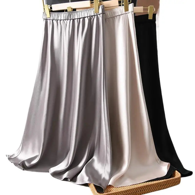 glossy acetic acid satin skirt women's  spring autumn new mid length elegant mature series dropped slim a-line skirt 6xl