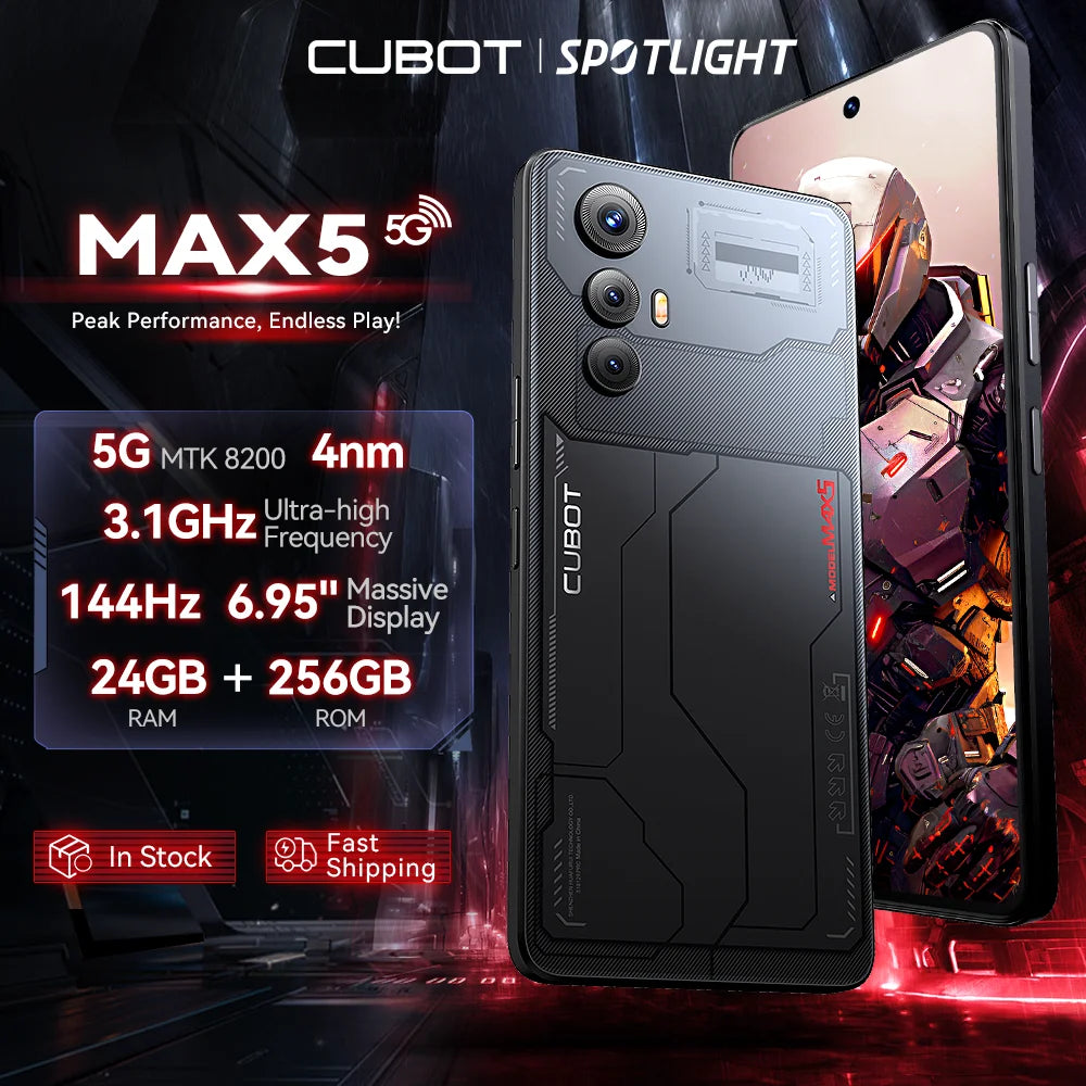 cubot max 5, android smartphone 5g, dimensity 8200,4nm,  3.1ghz, 6.95-inch 144hz large screen, 24+256gb,gaming phone,add to cart