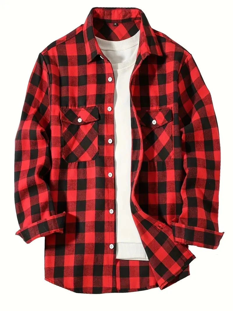 men's long sleeve shirt spring autumn fashion red plaid business casual fit flannel no iron turn-down collar polyester-rayon