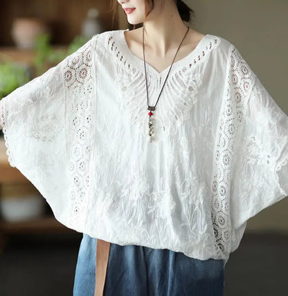 Summer Fashionable Cotton Cut Out Hook Pattern Bat Sleeve Top Loose Large Size Short-Sleeved Elegant Artistic Blouse T-Shirt for Women