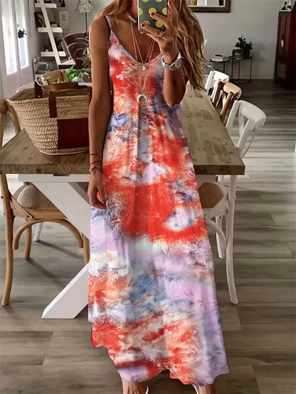 New Summer Sleeveless Halter Dresses Women Sexy Spaghetti Straps Tie-Dye Printed Dresses