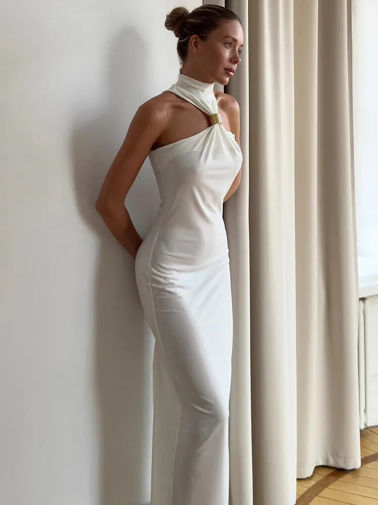 mozision turtleneck off-shoulder sexy knit maxi dress for women gown metal buckle strapless sleeveless high waist knitted dress
